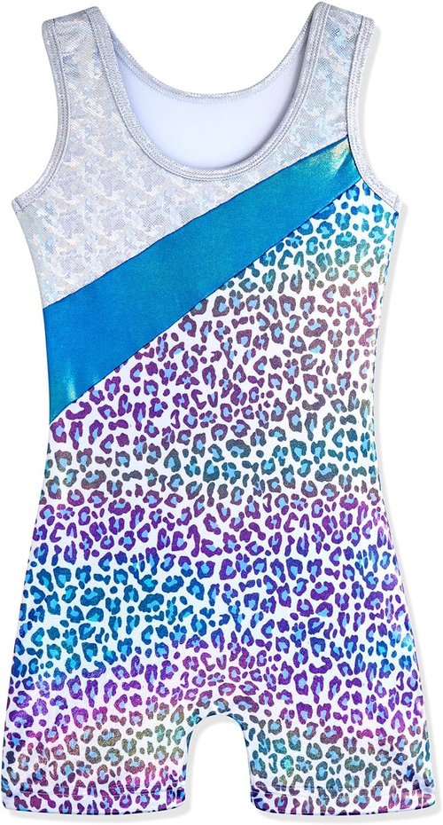 HOZIY Girls' Gymnastics Leotard - Snowflake Ribbon Design in Blue, Purple & Hot Pink Sparkle