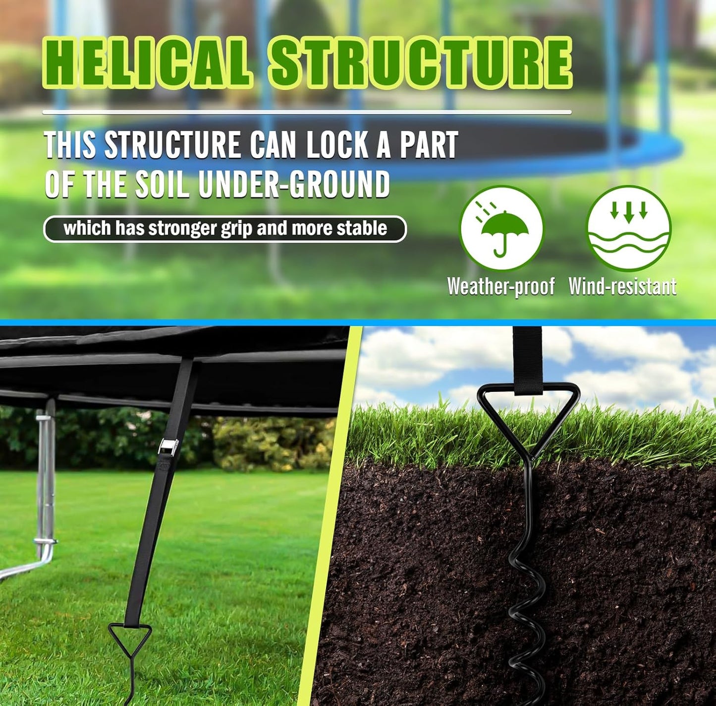 Trampoline Tie Down Anchor Kit by [Brand Name] - Heavy Duty Steel Stakes for High Wind | Set of 4