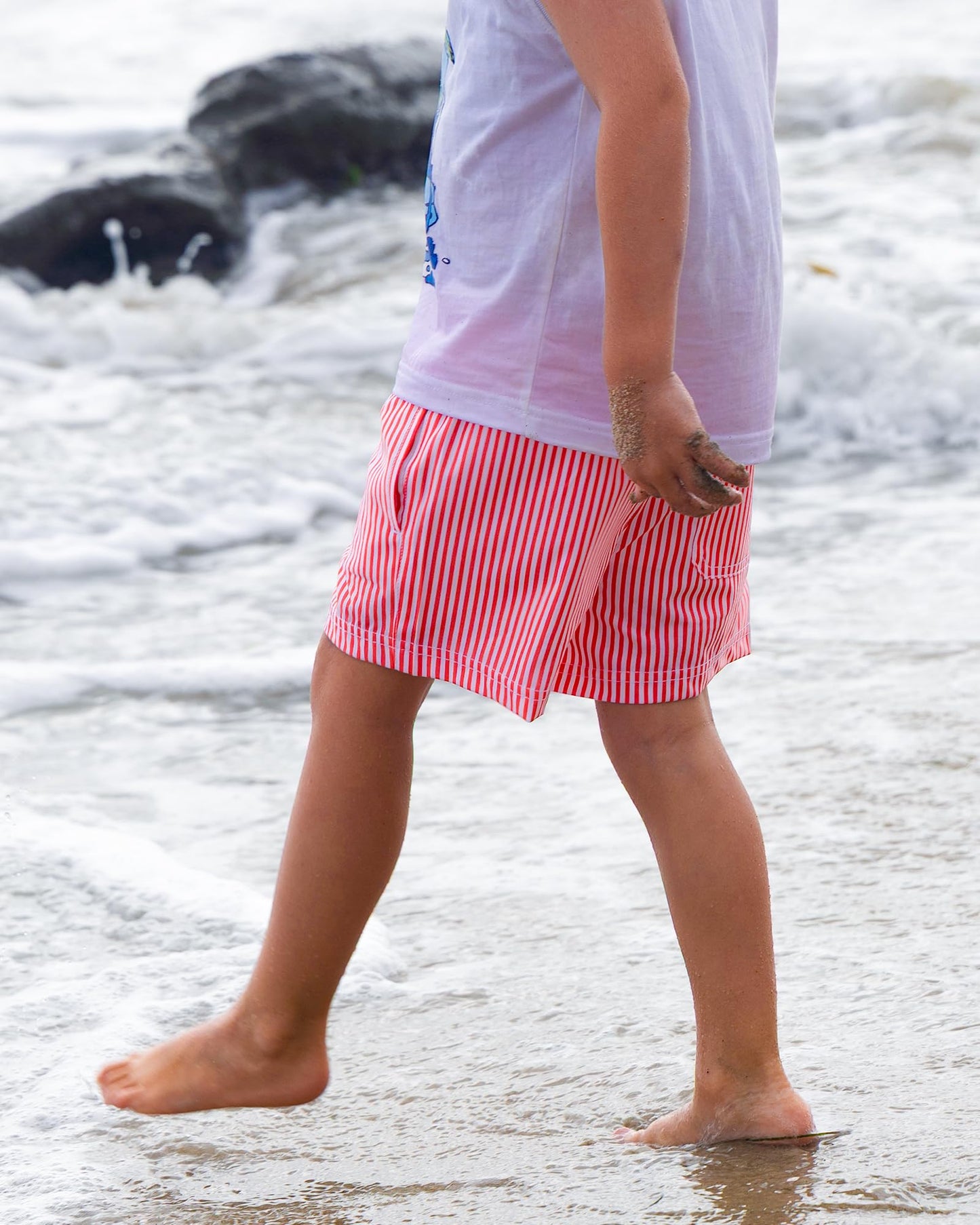 maamgic Boys Swim Trunks with Compression Liner Toddler Stretch Swim Shorts Quick Dry Swimming Trunks Boxer Brief 2 in 1 Beach Shorts Red Stripe 14/16