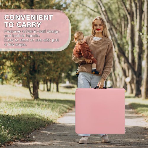 SculPong 4 FT Folding Table with Carry Handle, Portable Fold-in-Half Plastic Table, Rectangle Foldable Table for Indoor/Outdoor Pink