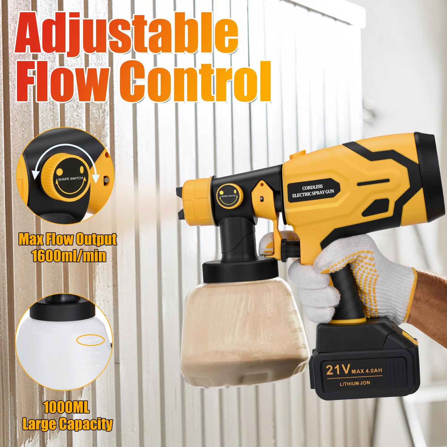 Paint Sprayer with Battery and Charge, 2 X 4.0mah 21v Battery,Cordless Paint Sprayer with 1000ml Large Container, 1.0mm & 2.5mm Nozzles,Electric Spray Paint Gun for House Painting Furniture