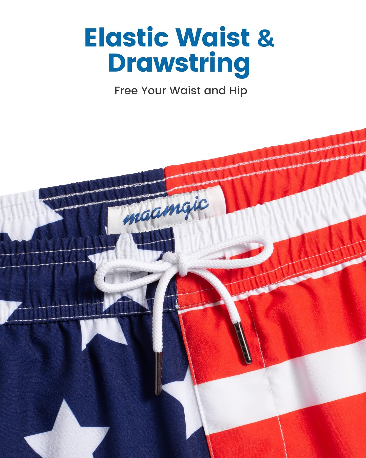 maamgic Mens Swim Trunks with Compression Liner 5 Inch, Quick Dry Bathing Suit with Zipper Pockets, Stretch No-Chafing Swim Shorts, Half-Half American Flag Small