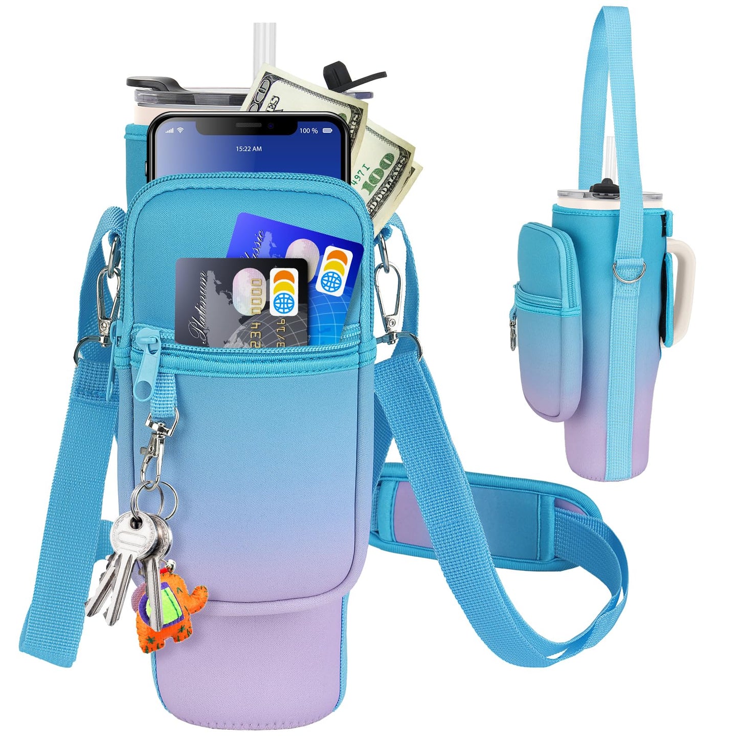 LEFOR·Z Water Bottle Carrier Bag with Phone Pocket Compatible with Stanley/Meoky 40 oz Tumbler with Handle,Water Bottle Holder Pouch with Adjustable Strap Compatible with Stanley Cup Accessories