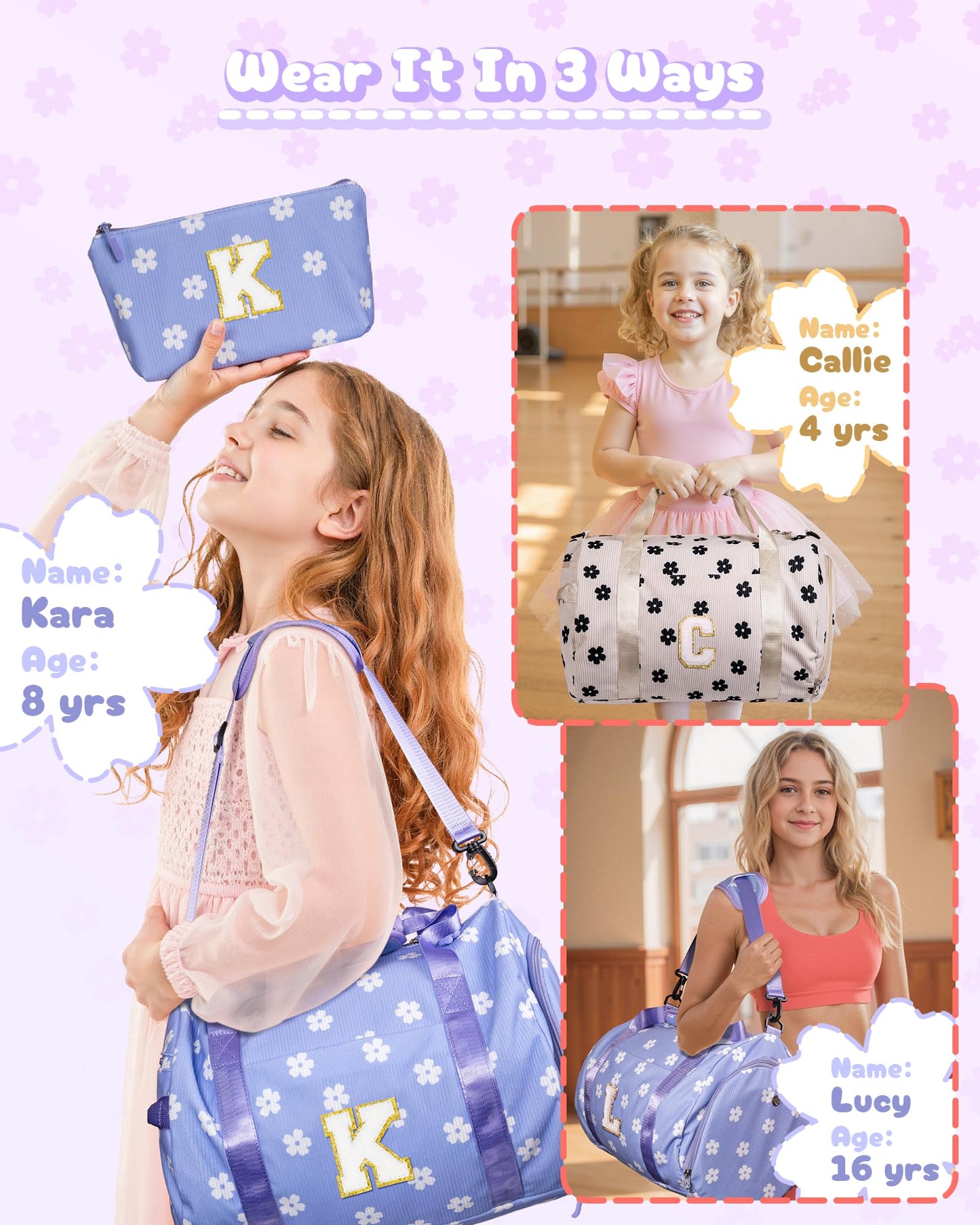 Vogewood Birthday Gifts for Her, Girls Gym Bag, Kids Personalized Dance Bags with Shoe Compartment, Customized Travel Duffle with Toiletry Bag, Gift Ideas for Sporty Gymnastics Girl (Letter O)
