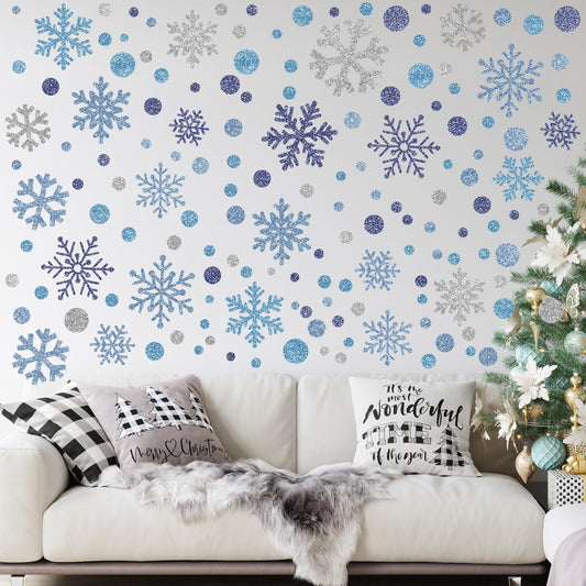 Zhanmai 200 Pcs/ 10 Sheets Christmas Snowflakes Wall Decals Window Clings Blue Silver Snowflake Stickers Peel and Stick Wall Ornament for Winter Removable Christmas Holiday Crafts Supplies