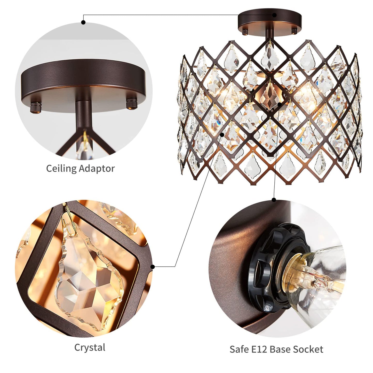 WUZUPS Crystal Chandelier 3-Light Semi-Flushmount Ceiling Light Modern Lighting Fixture for Bedroom Storageroom Hallway Bar Kitchen Dinning Living Room Bathroom, 13.4" Wide 11" High, Oil Rubbed Bronze