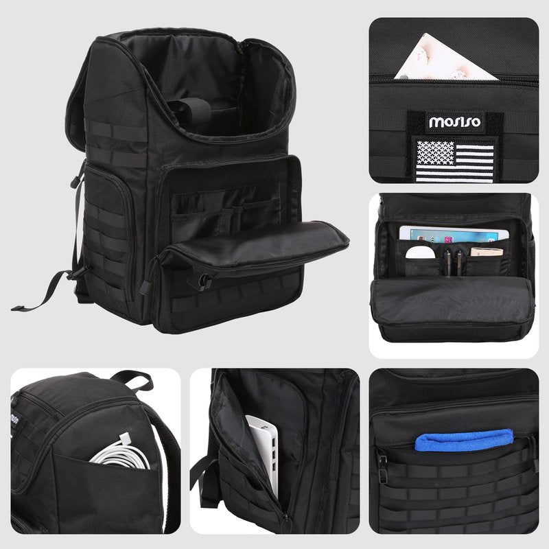 MOSISO 21L Tactical Backpack, Top Open Military Daypack 3 Day Assault Pack Army Rucksack Bug Out Bag with Laptop Compartment&USA Flag Patch for Men Women Sport Outdoor Hiking Camping Training, Black