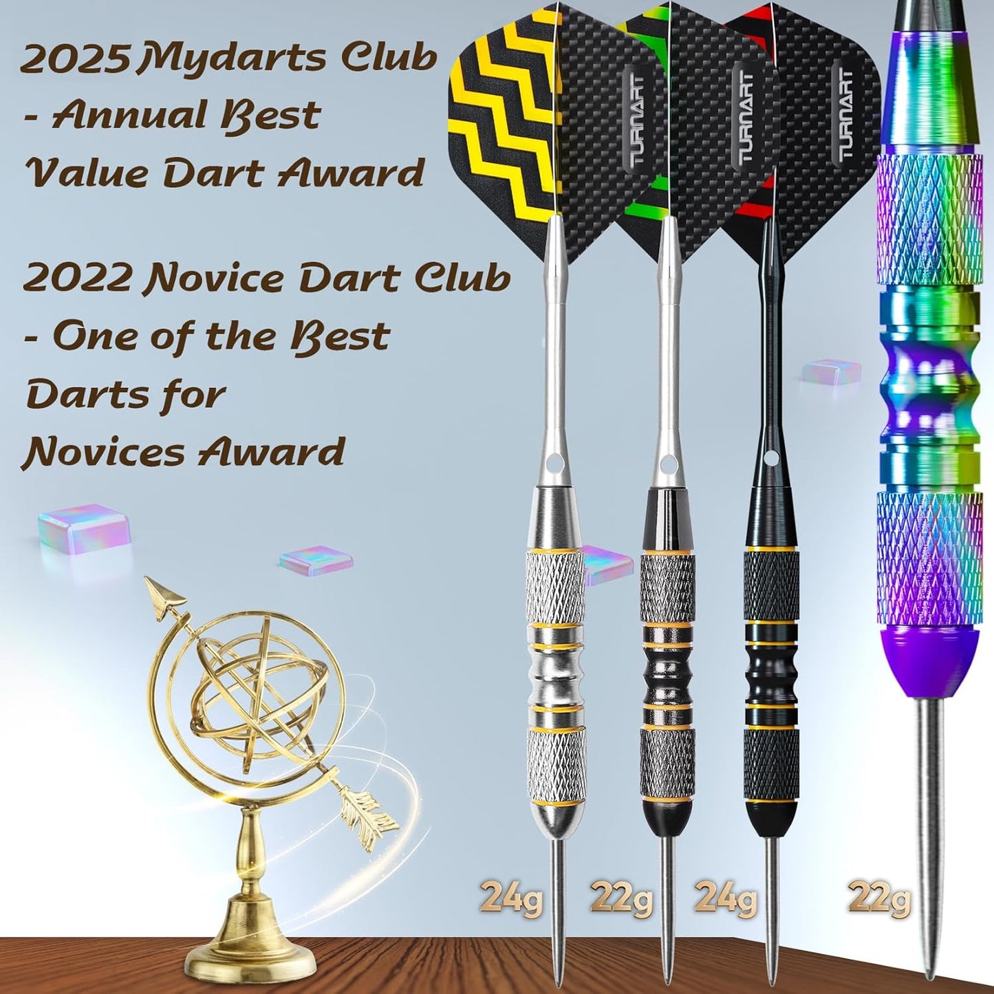 Turnart Darts Metal Tip Set - Professional Steel Tip Darts 12 Pcs with Stylish Case & Extra Flights | 22/24 Grams