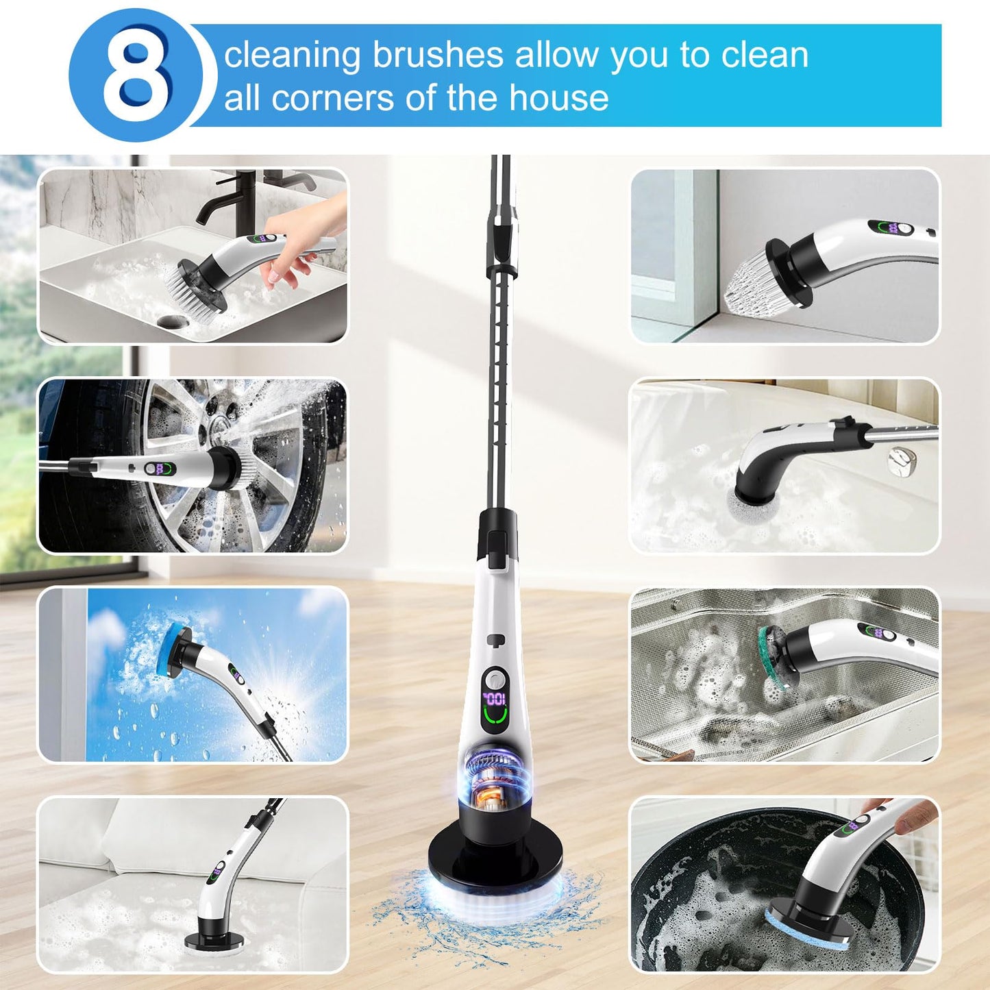 Electric Spin Scrubber with Power LCD Display, Cordless Bathroom Cleaning Brush with Adjustable Extension Handle, 400RPM/Mins, 9 Replaceable Brush Heads, IPX7 Waterproof for Shower, Bathtub, Tile