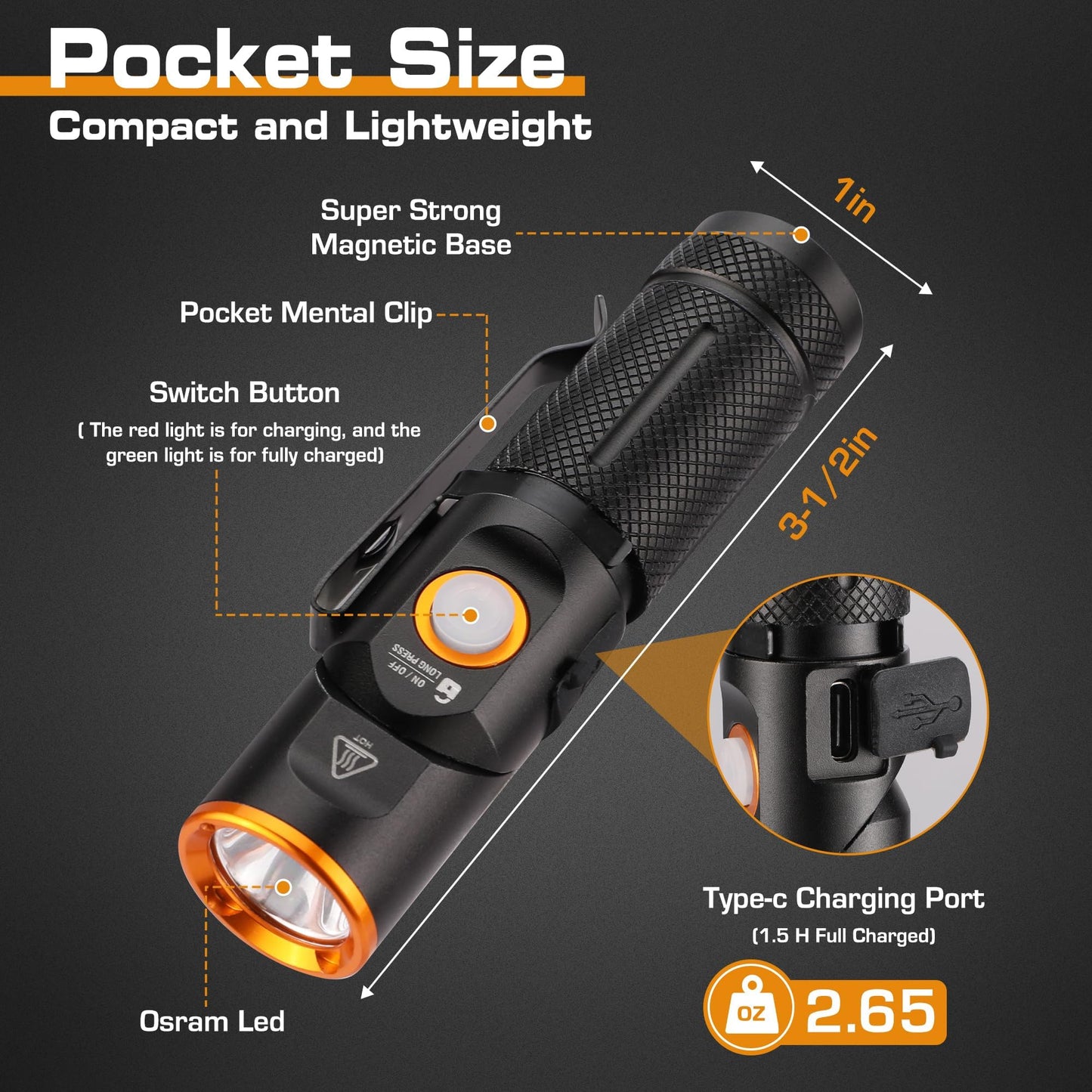 EverBrite 600 Lumens EDC Flashlight, Rechargeable Pocket Flashlight with 90° Swivel Head & Magnetic Base, Small Flashlight with Clip, 3 Modes for Work, Mechanic, Camping, Emergency, Hiking