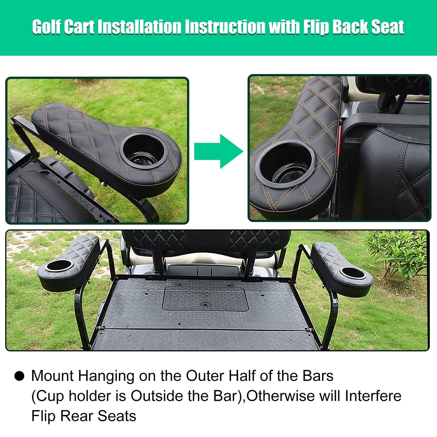 NOKINS Golf Cart Armrest with Cup Holder for EZGO/Club Car/Yamaha & Most Golf Cart,Stainless Steel Support Frame Sturdy Without Tilting No Drilling,Fit 1" Square Tube Frame (Diamond Black)