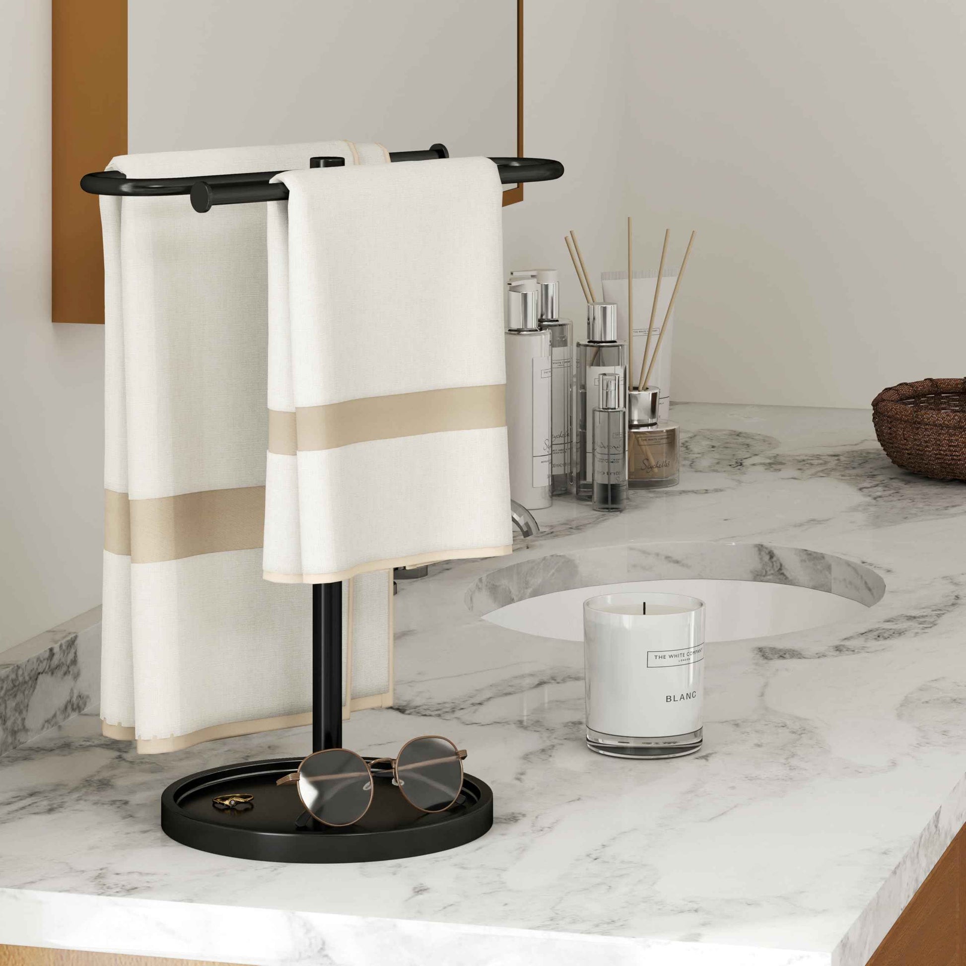 Towel Holder Stand, Stainless Steel Hand Towel Holder Rack for Bathroom Countertop, S-Shape Free Standing Towel Bar Holds 2 Towels for Kitchen Countertop, Black