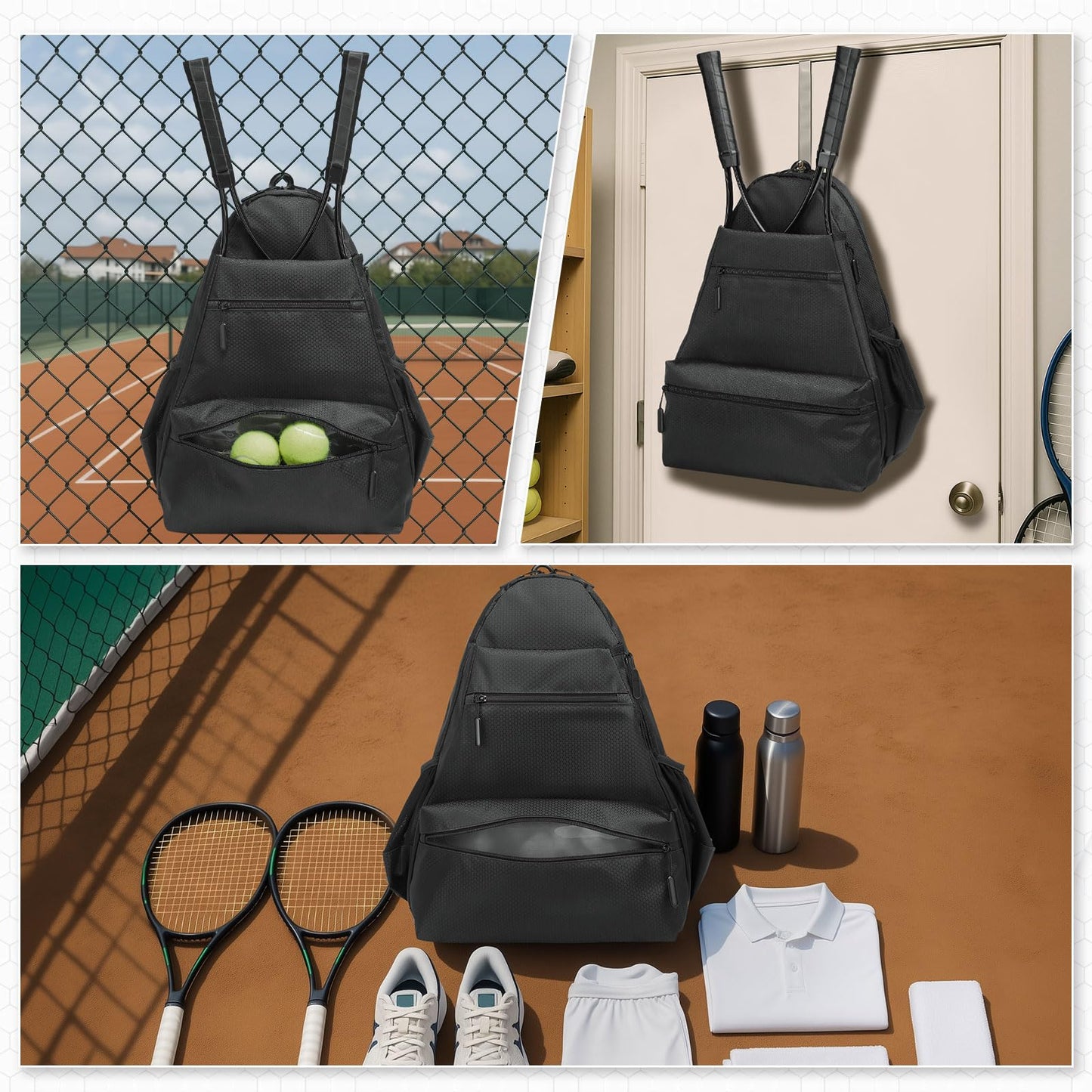SUIKIHUM Tennis Backpack for 2 Rackets, Waterproof Tennis Bag with Shoe Compartment, Wet/Dry Pocket, Fence Hook, for Tennis, Pickleball, Badminton, Black