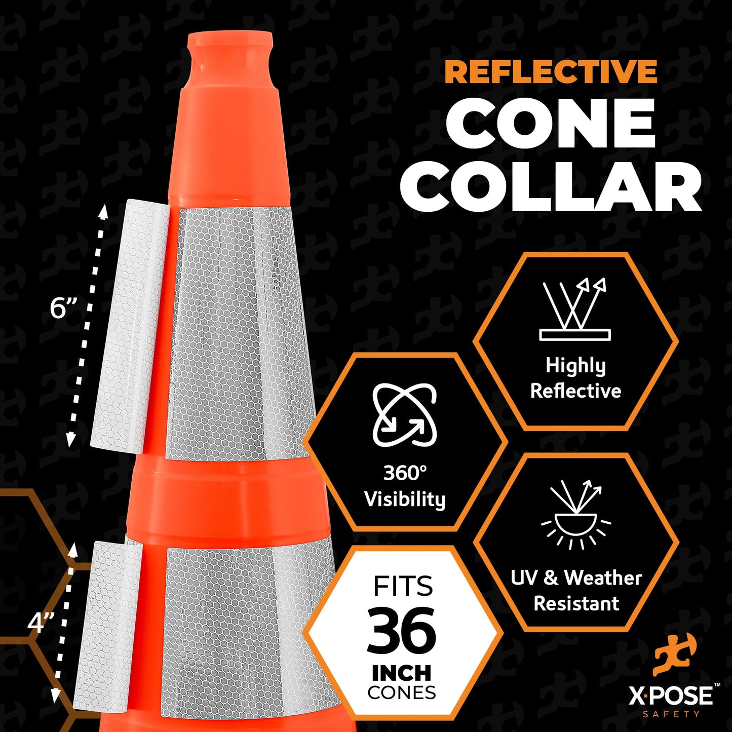 White+Hip Reflector Tape Cone Collar Set for Orange Traffic Cones - 20 Pack - 4 Inch and 6 Inch Collars for Wide Body Safety Cones 36 Inch Height – High Visibility Reflective Tape Stickers