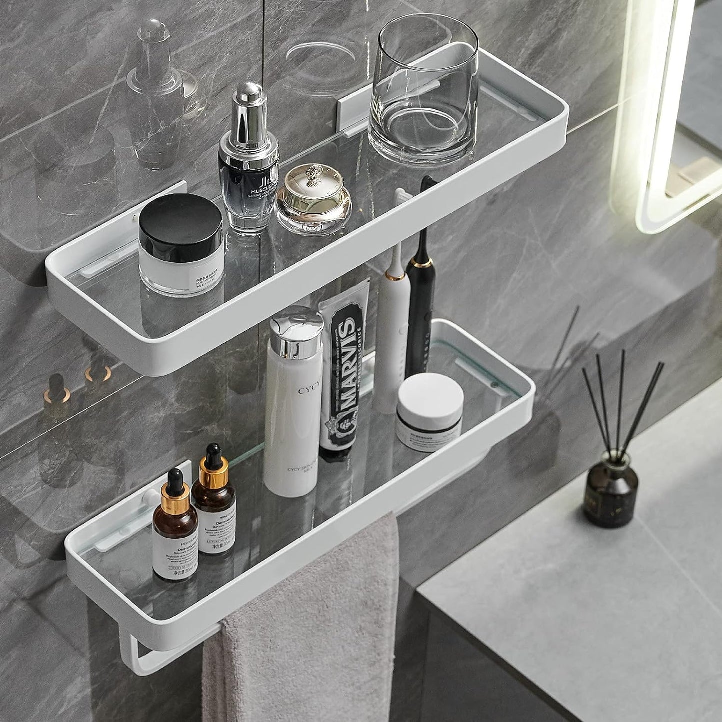 Wall Mounted Glass Bathroom Shelves - 2-Tier Floating Organizer in Black