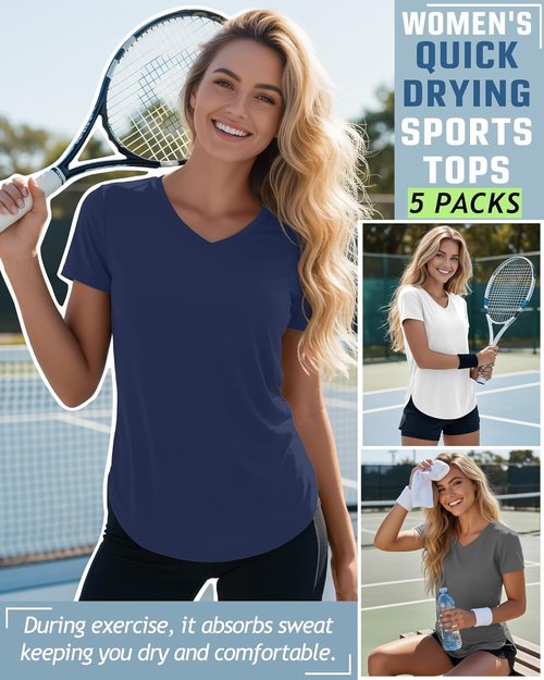 Locoowai Women's Workout Shirts - V Neck Quick Dry UV Protection Tee | 5 Pack, Short Sleeve, Curved Hem