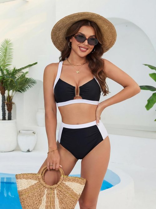 Hanna Nikole Womens High Waisted Bikini Sets, Slimming Modest Tummy Control Swimsuits, Cutout Crisscross Curvy Swimwear