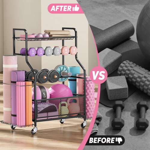 Dumbbell Rack, Weight Storage Rack for Home Gym with Wheels, Holds Yoga Mats, Kettlebells & Strength Training Equipment, Black