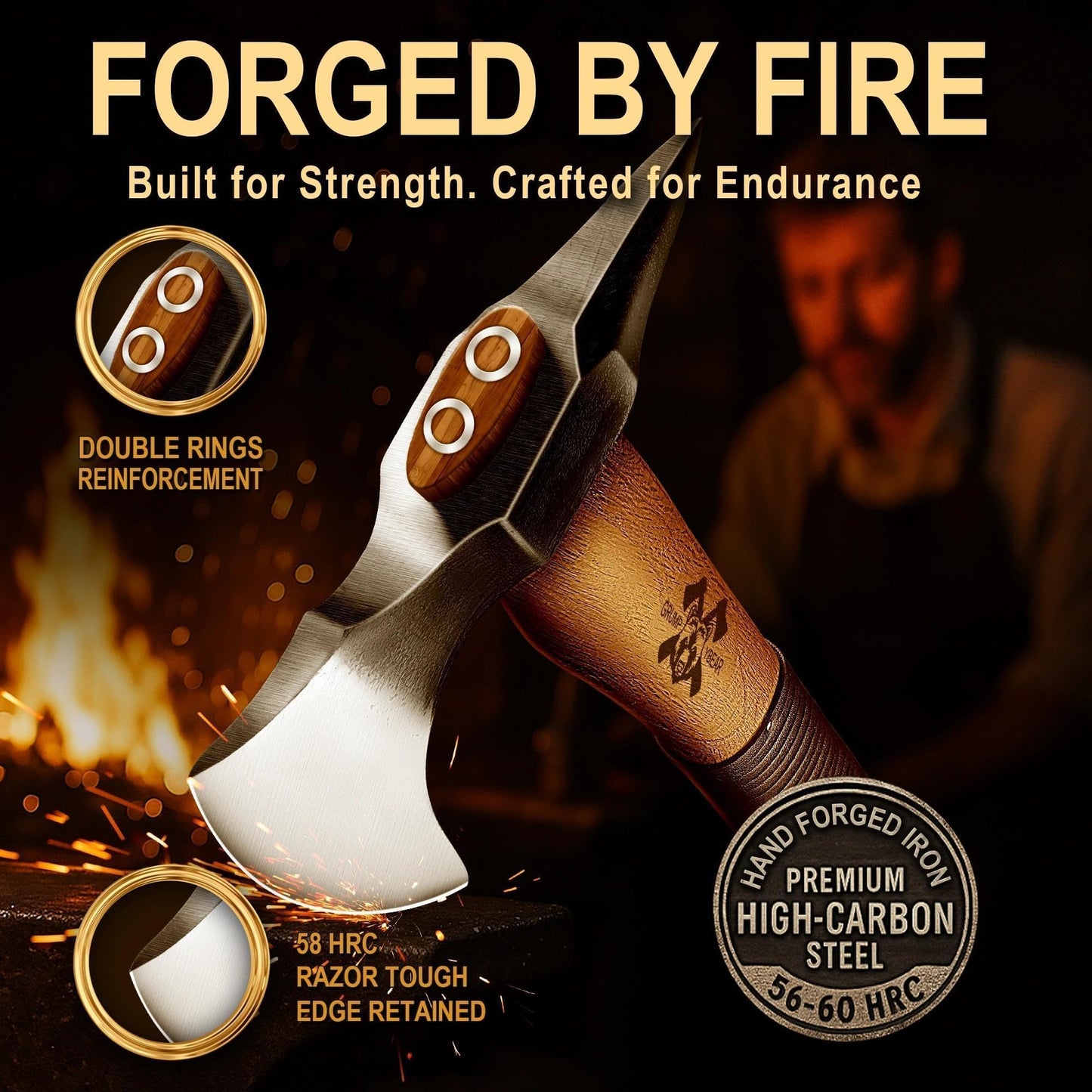 Grumpy Bear 15" Camping Hatchet, Survival Axe with Sheath, High Carbon Steel and Wood Handle, Anti-Slip Grip – Ideal for Bushcraft, Wood Splitting & Outdoor Adventures