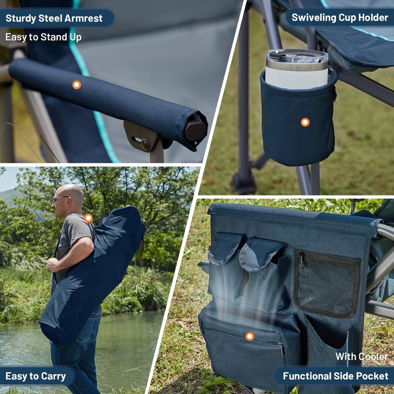 Timber Ridge Oversized Folding Camping Chair with Lumbar Support Adjustable High Back Heavy Duty for Adults Support up to 500lbs with Cup Holder, Cooler Bag, Side Pocket, Blue