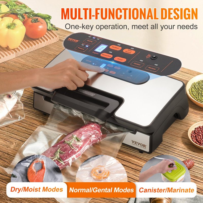 VEVOR Vacuum Sealer Machine, 80Kpa 120W Powerful Compact Food Sealer, 7-in-1 Multi-Functional Food Vacuum Sealer, Automatic Air Sealing System with Built-in Cutter with 10 Vacuum Bags & 1 Bag Roll