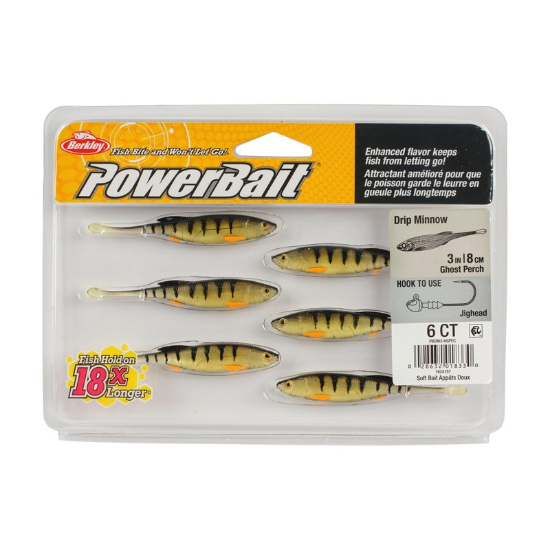 Berkley PowerBait Drip Minnow Fishing Bait, Ghost Perch, 3 in, Irresistible Flavor, Realistic Body and Head, Subtle Action, Ideal for Finesse Techniques