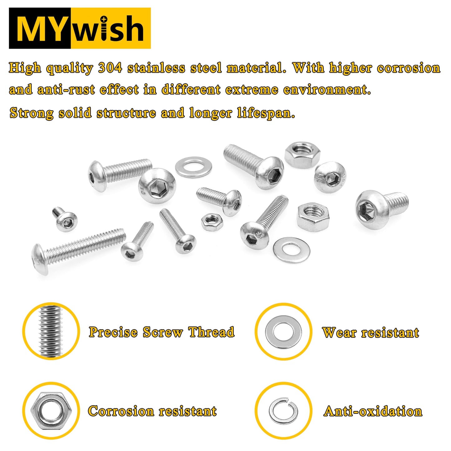 Mywish 550Pcs M3 Screw Metric Screw Assortment, 304 Stainless Steel Hex Socket Button Head, 3D Printer DIY Metric Bolt Assortment, Flat & Spring Lock Washers/Nuts/Hex Wrenche M3*6/8/12/14/16/20/25mm
