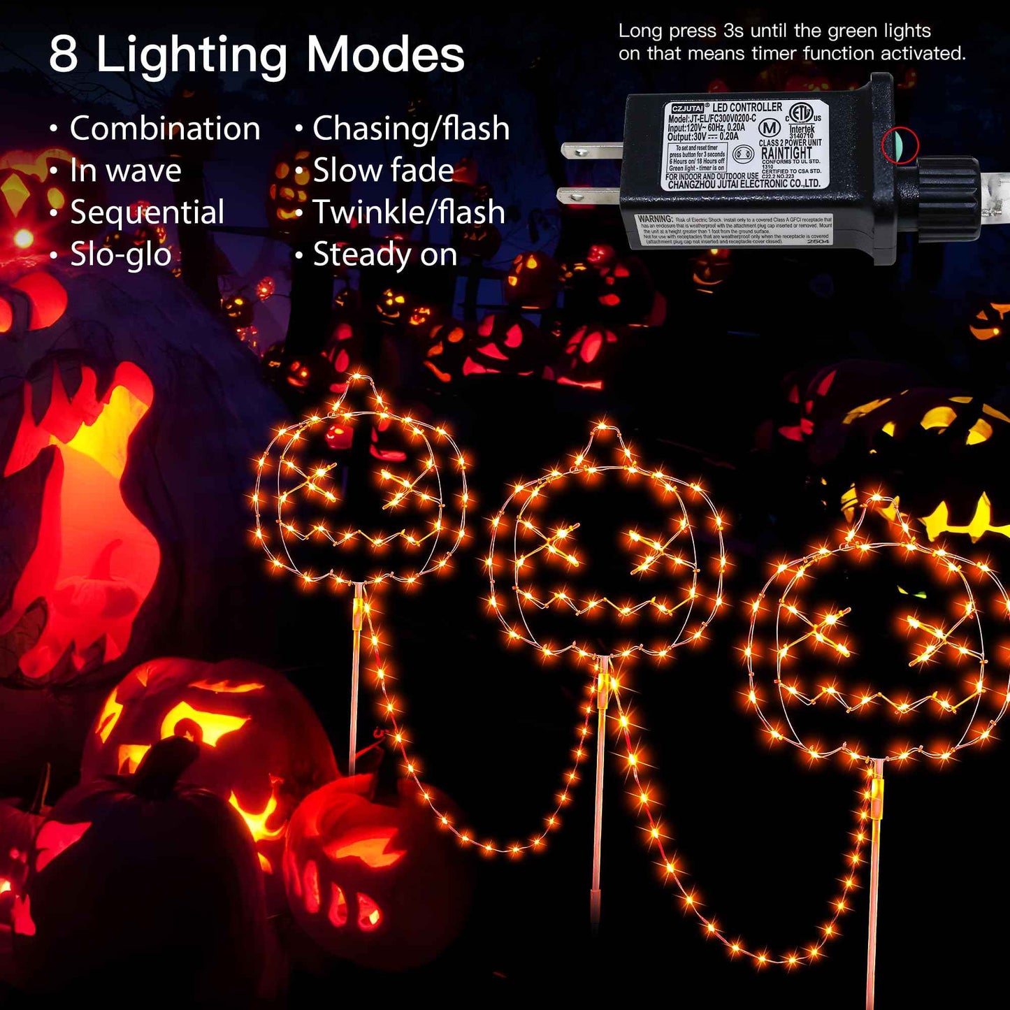 Woohaha Halloween Pumpkin Pathway Lights,163 LED Plug in Garden Outdoor Decorations，Waterproof String Lights with 3 Pumpkin Stakes Light for Garden Walkway Yard Driveway Lawn Party Decor（Orange）