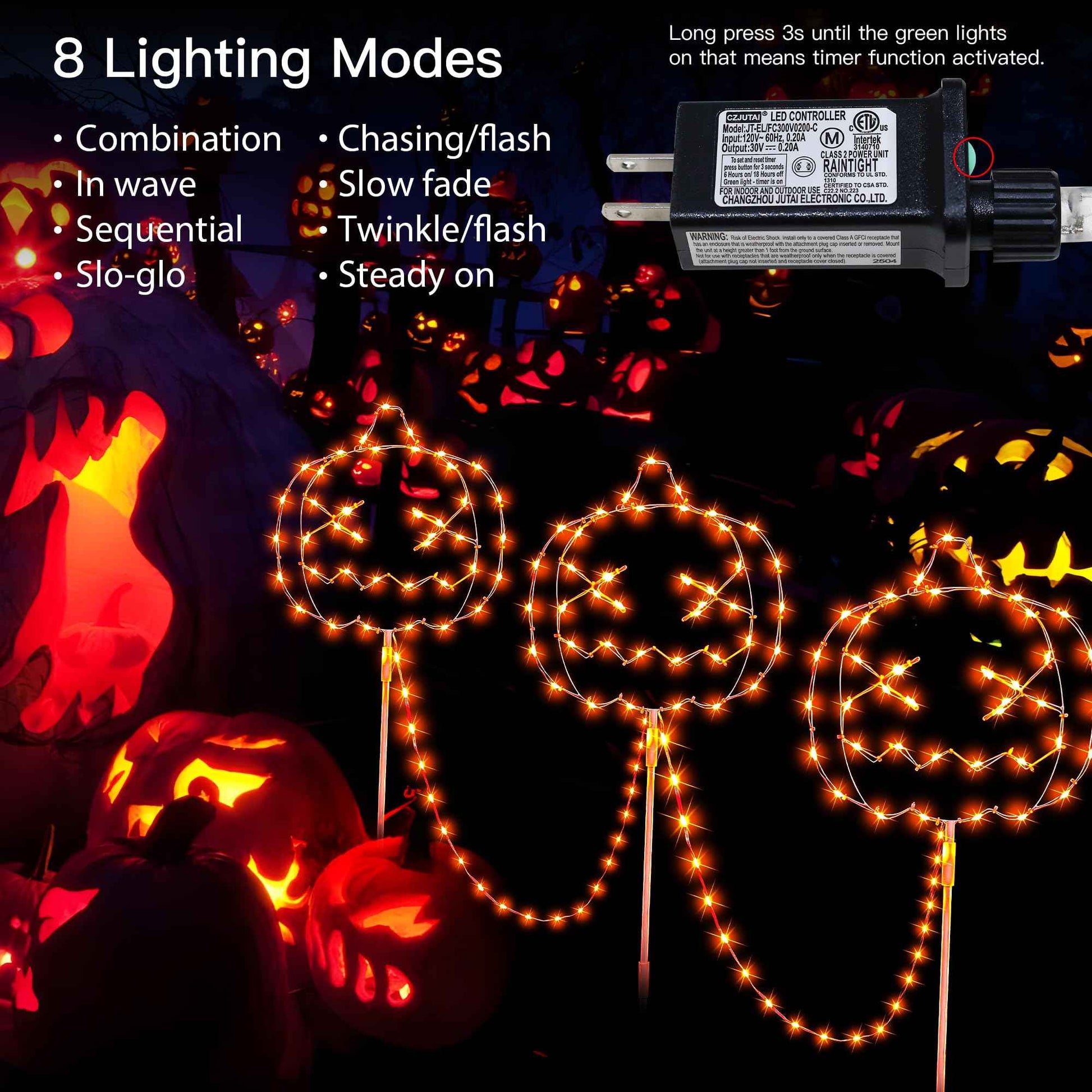 Woohaha Halloween Pumpkin Pathway Lights,163 LED Plug in Garden Outdoor Decorations，Waterproof String Lights with 3 Pumpkin Stakes Light for Garden Walkway Yard Driveway Lawn Party Decor（Orange）