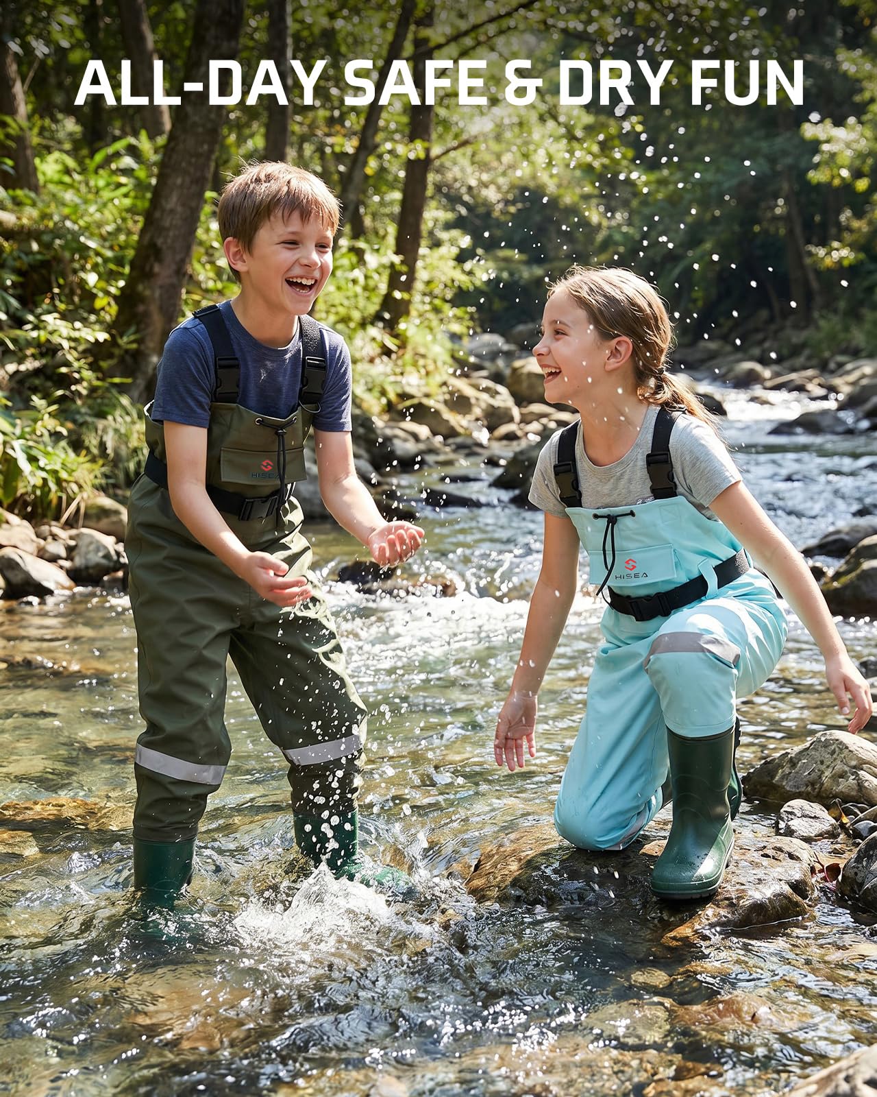 HISEA Kids Chest Waders Nylon/PVC Youth Fishing Waders for Toddler & Children Waterproof Hunting Waders with Boots & Reflect Safety Band