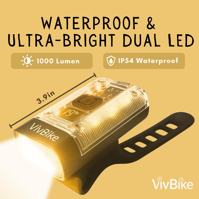 VivBike Rechargeable Bike Light, Extremely Bright 1000 Lumen Dual LED Headlight, USB-C Fast Charging, 360° Rotating Mount, Waterproof | A HerTime2 Brand