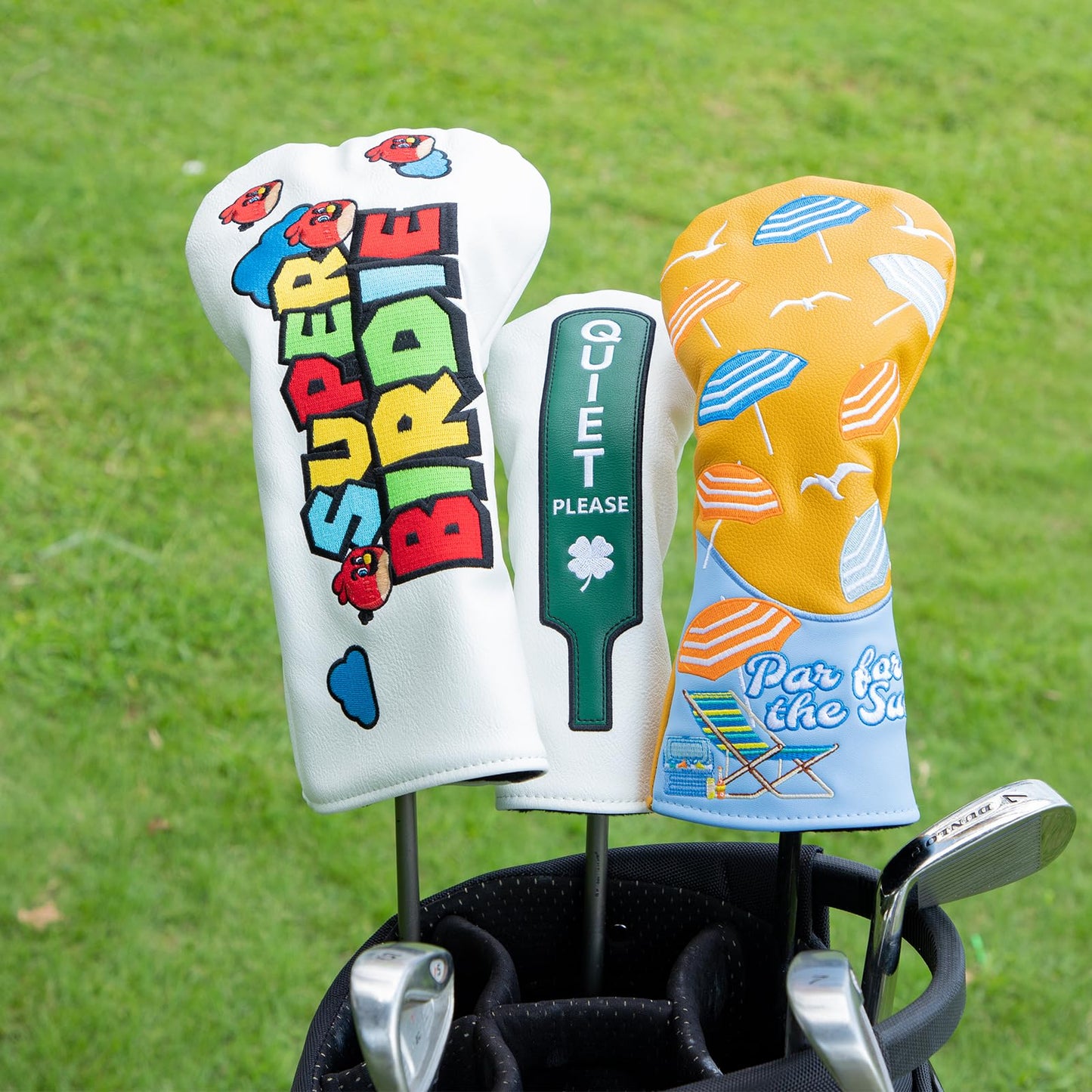 Golf Club Head Covers, Summer Beach Umbrellas Golf Driver Covers, Fairway Wood and Hybrid Head Covers with Interchangeable Tags, Premium PU Leather Golf Club Covers (Fairway)