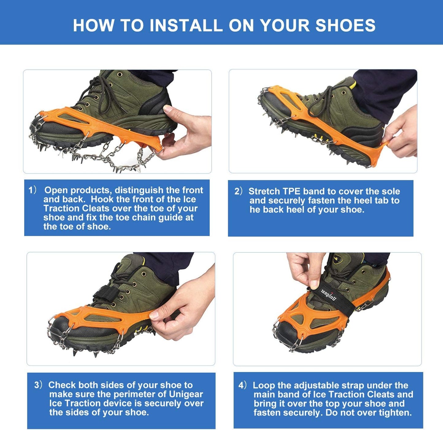 Unigear Crampons for Hiking Boots - 18-Spike Traction Ice Cleats for Walking, Jogging & Climbing