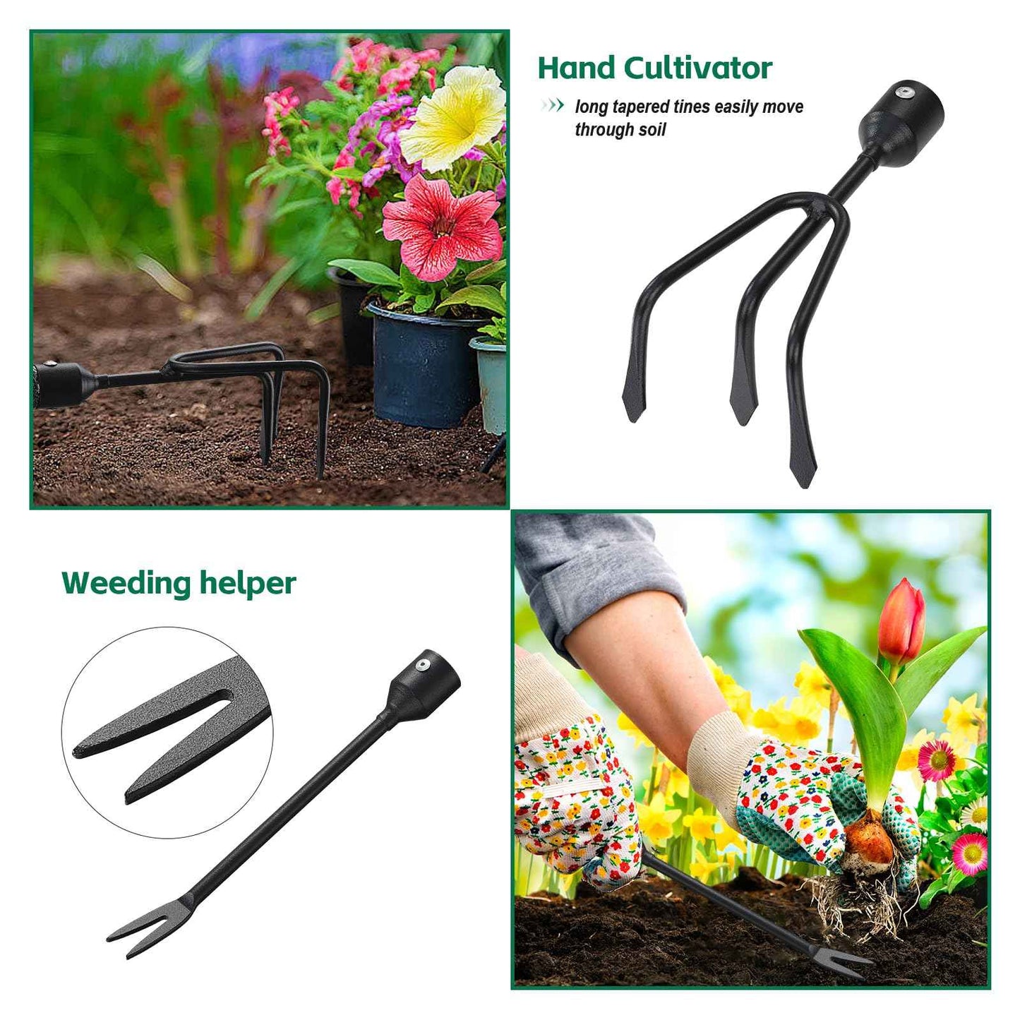 Garden Tools Set with Extension Handles, 5 Piece Thick Gardening Hand Tools, Heavy Duty Steel Rust-Proof Weeding Planting Tool Ideal Gardening Kit Gifts for Women and Men
