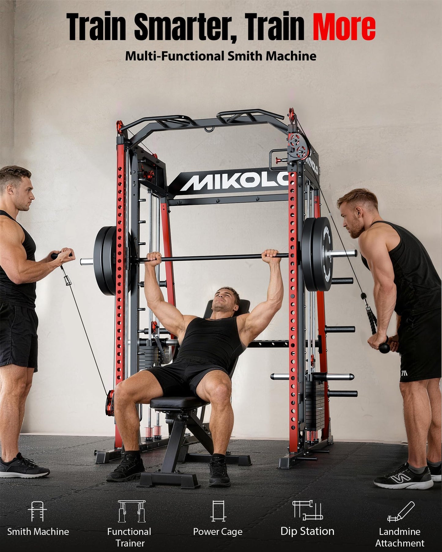 Mikolo M4 2.0 Elite Smith Machine with Weight Stack, All-in-One Home Gym Power Cage with LAT Pulldown & Cable Crossover, Squat Rack for Full Body Workouts (Red)