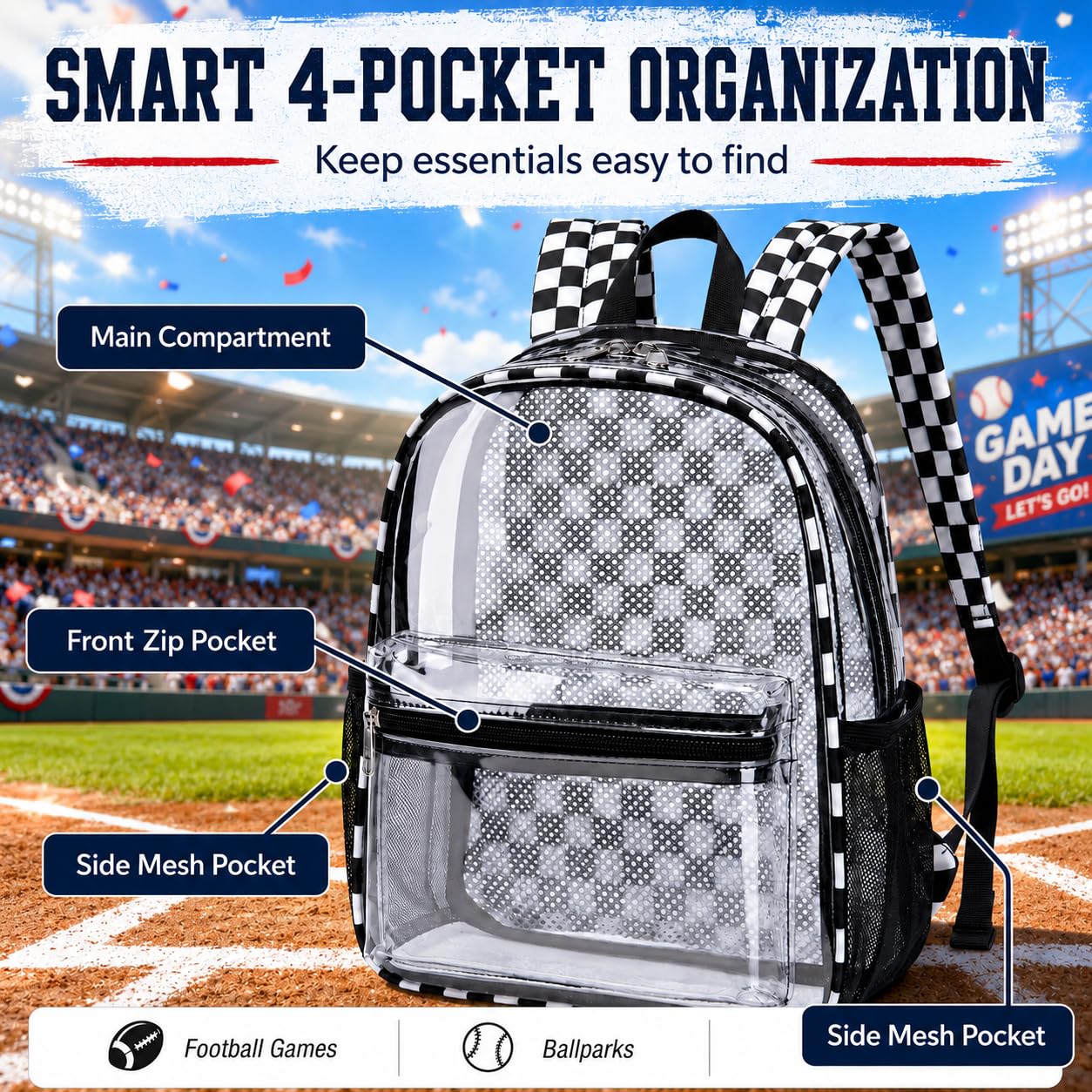 BTOOP Clear Mini Backpack for Stadium Events 12x12x6 Small Transparent Backpacks Plastic See Through Clear Bag for Concerts Work Festival Security Travel