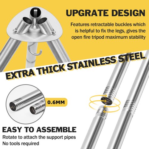 Joyfair Campfire Camping Tripod Grill Grate(17” Dia.), Heavy Duty Stainless Steel Openfire Tripod with Over Firepit Rack Camp Equipment, Adjustable Height Stand for Outdoor BBQ Cooking Grilling