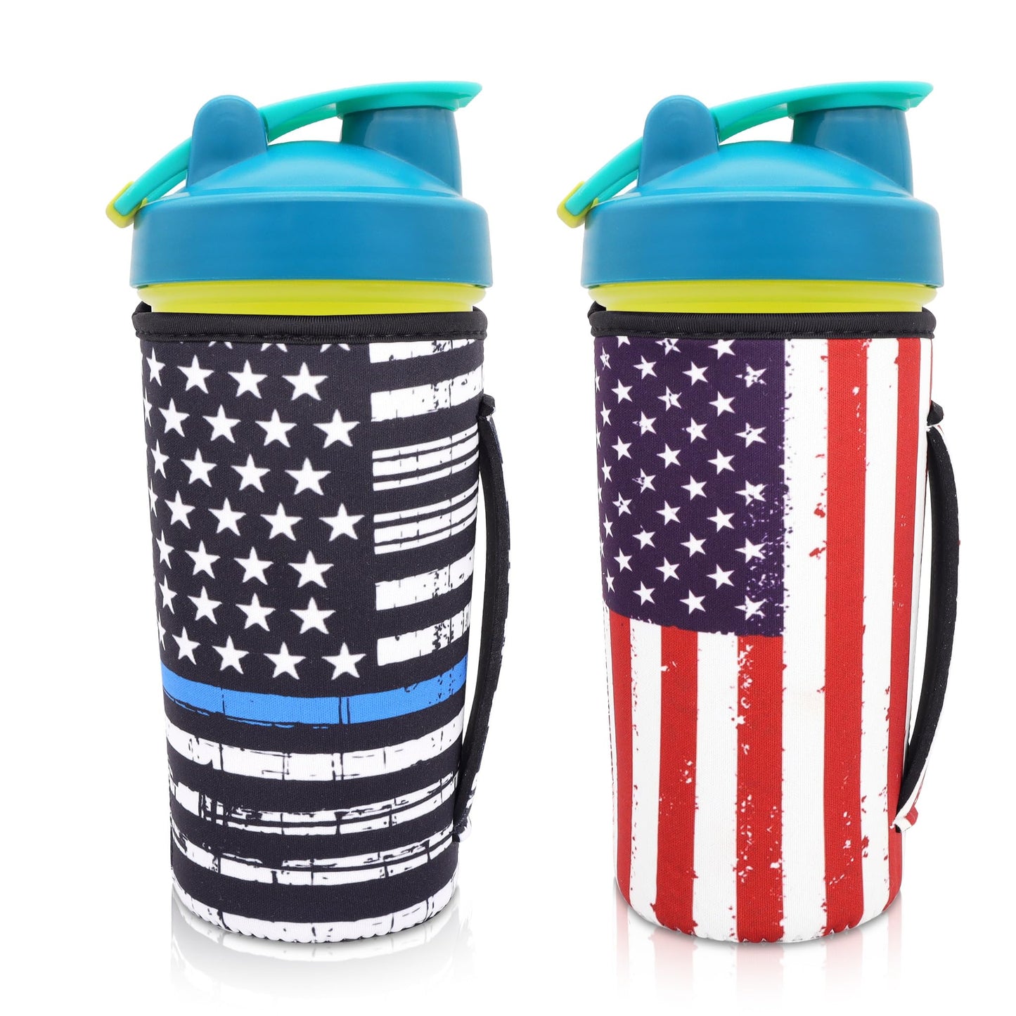 2Pack Reusable Neoprene Insulator Water bottle holder Sleeves with Handle Compatible with 28 oz Blender Bottle, 20oz - 26oz Tumbler Cup(American flag)