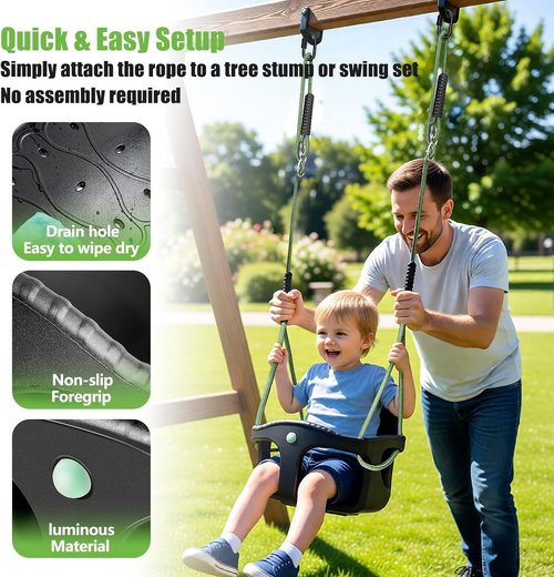 Dakzou High Back Full Bucket Toddler Swing Seat - Upgraded Heavy Duty with Finger Grip Chain | Black