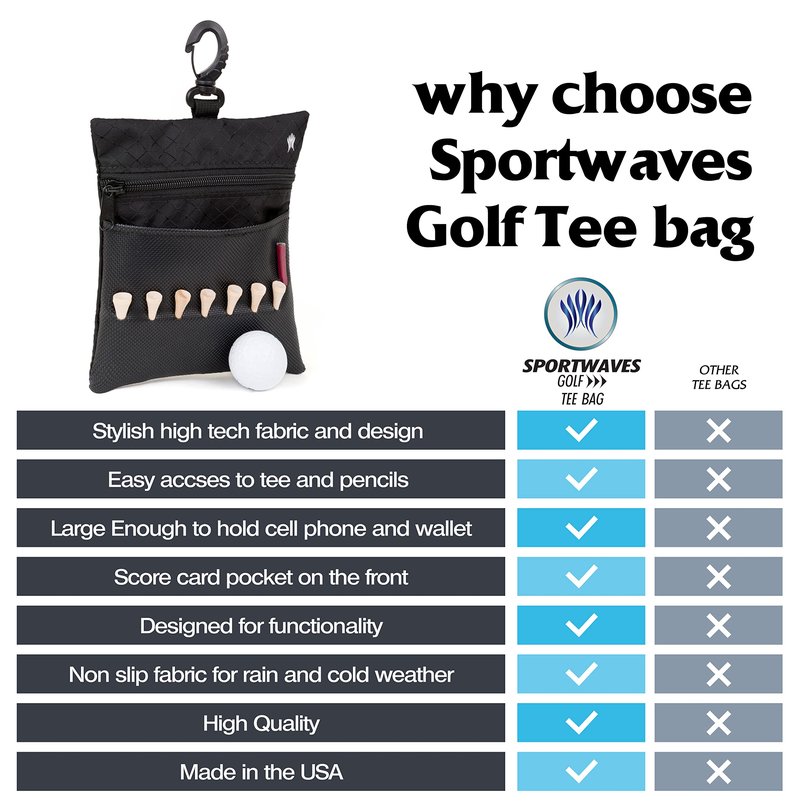 Sportwaves Golf Tee Bag - Valuables Pouch, Store Your Tees in Easy Access Tee Slots, Hooks on Golf Bag and Holds Golf Balls, Scorecard, Pencil, Keys and Phone. Great Gift for Golfers! Made in the USA