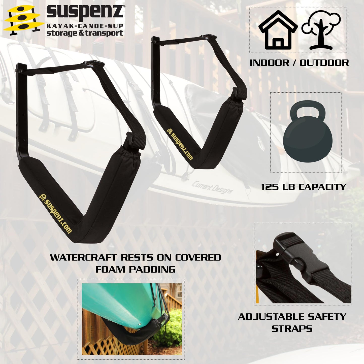 Suspenz EZ Kayak Storage Rack, Indoor & Outdoor Wall Mounts for Kayaks & SUP Paddle Boards, Powder-Coated Steel with Foam Pads & Safety Straps, Holds up to 125 lbs, Black (12-9903)