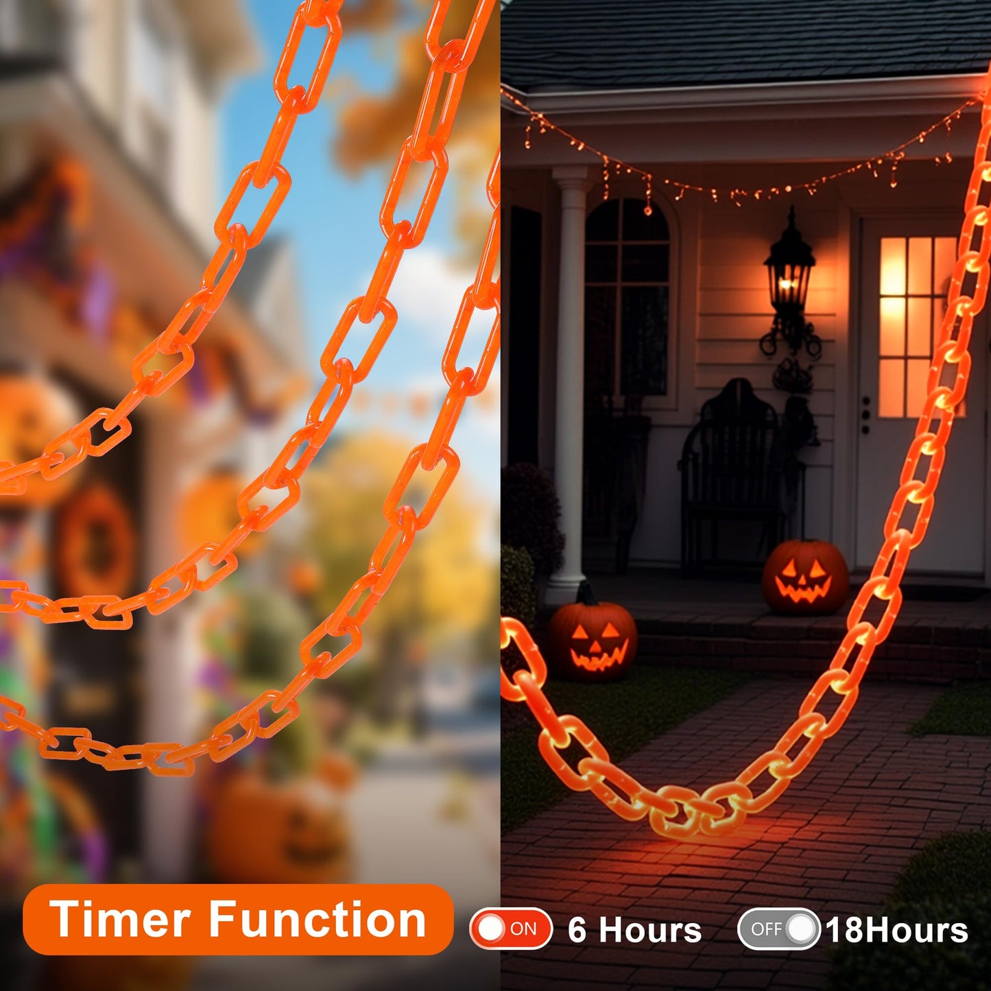 woohaha Halloween Decorations Battery/USB Plastic Chain Lights，10.5FT 175LED Orange Props Chains String Lights,8 Modes and Timer for Outdoor Halloween Party Creepy Cosplay Spooky Ornaments
