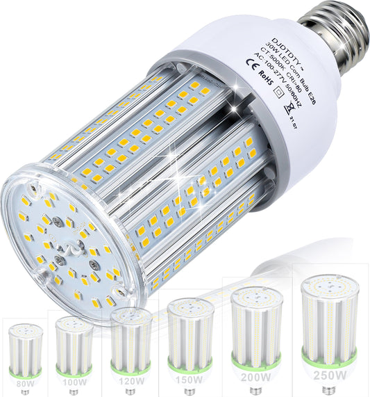 JURDXLED 30W LED Corn Light Bulb 5000 Lumen 5000K Large Area Cool Daylight White E26/E27 Medium Base for Outdoor Indoor Garage Warehouse Factory Workshop Street Backyard (30Watts 1Pack)