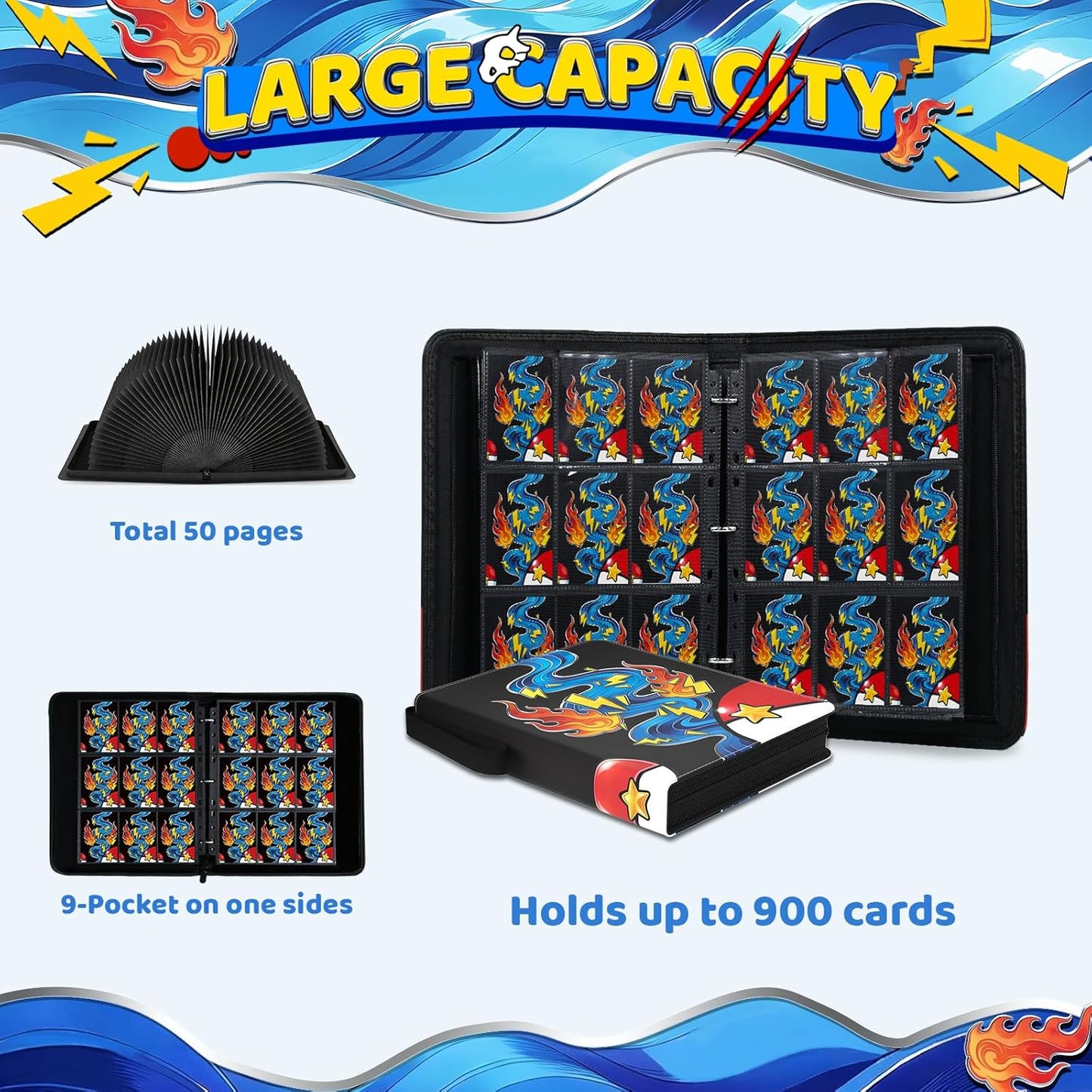 Skiennix Trading Card Binder - 900-Pocket Waterproof Holder with 50 Removable Sleeves | Aqua Breath