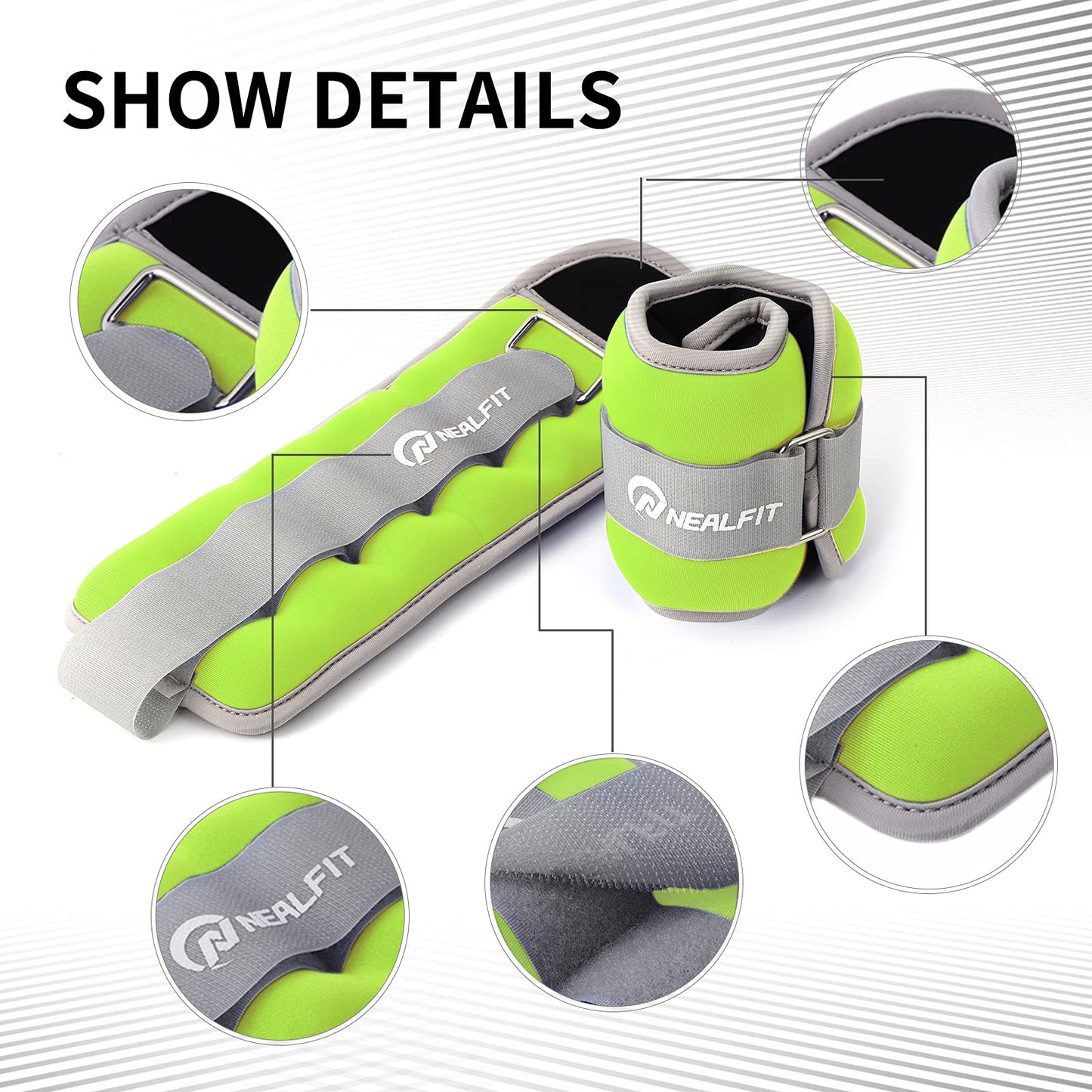 NEALFIT Ankle Weights 1/2/3/4/6/10 LBS for Men Women Kids, Leg Arm Wrist Weights with Adjustable Strap for Running, Aerobics, Strength Training, Physical Therapy, Fitness (Green, 1 lb x 2 (2LB Pair))