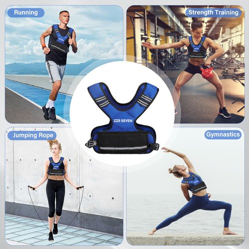 ZZR SEVEN Weighted Vest for Women and Men, 4-10lbs/11-20lbs Adjustable Weighted Vest with 6 Iron Sand Weights, Running Vest for Strength Training, Workout, Running, Fitness, Weight Loss (Blue, 4-10lb)