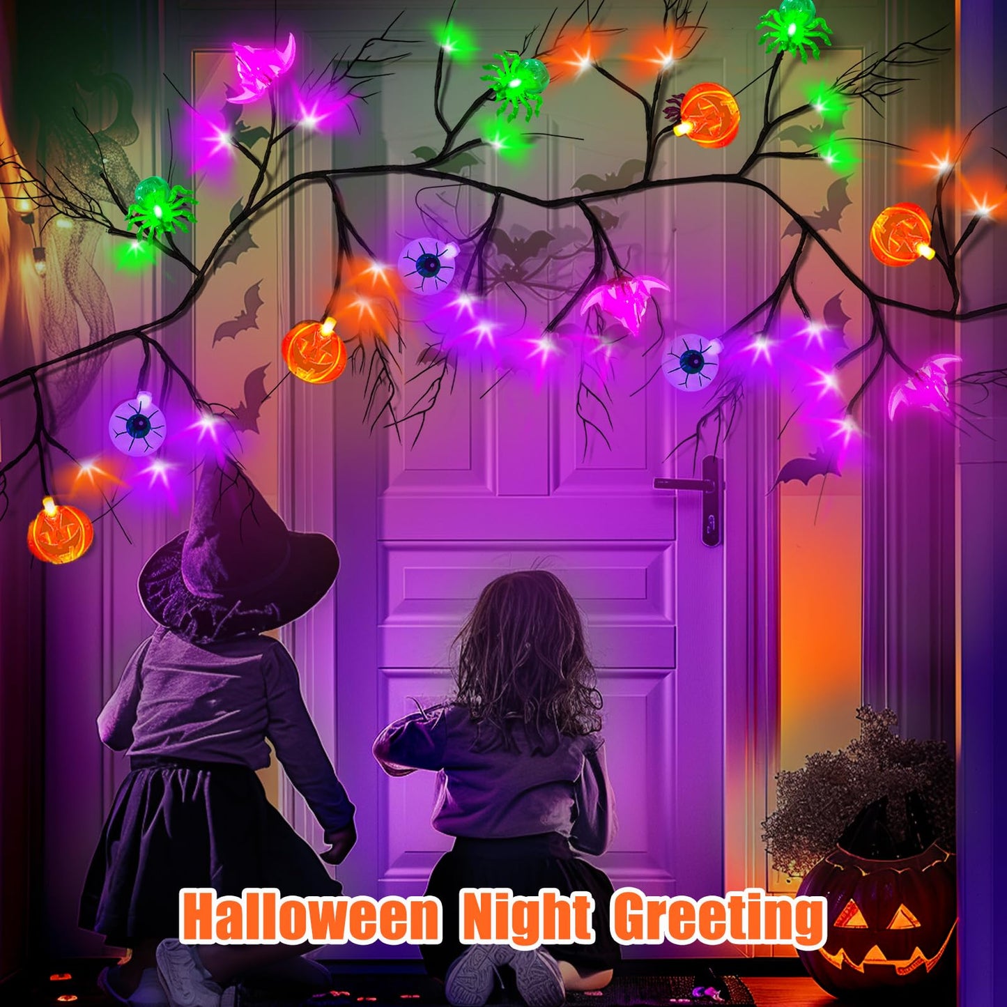 NPET 6 FT 54 LED Willow Twig Halloween Decorations Garland，Remote Control Pumpkin,Bats,Ghosts Eyeball Lights, 8 Modes Halloween Garland with Purple Green Orange Lights Indoor Mantle House Decor