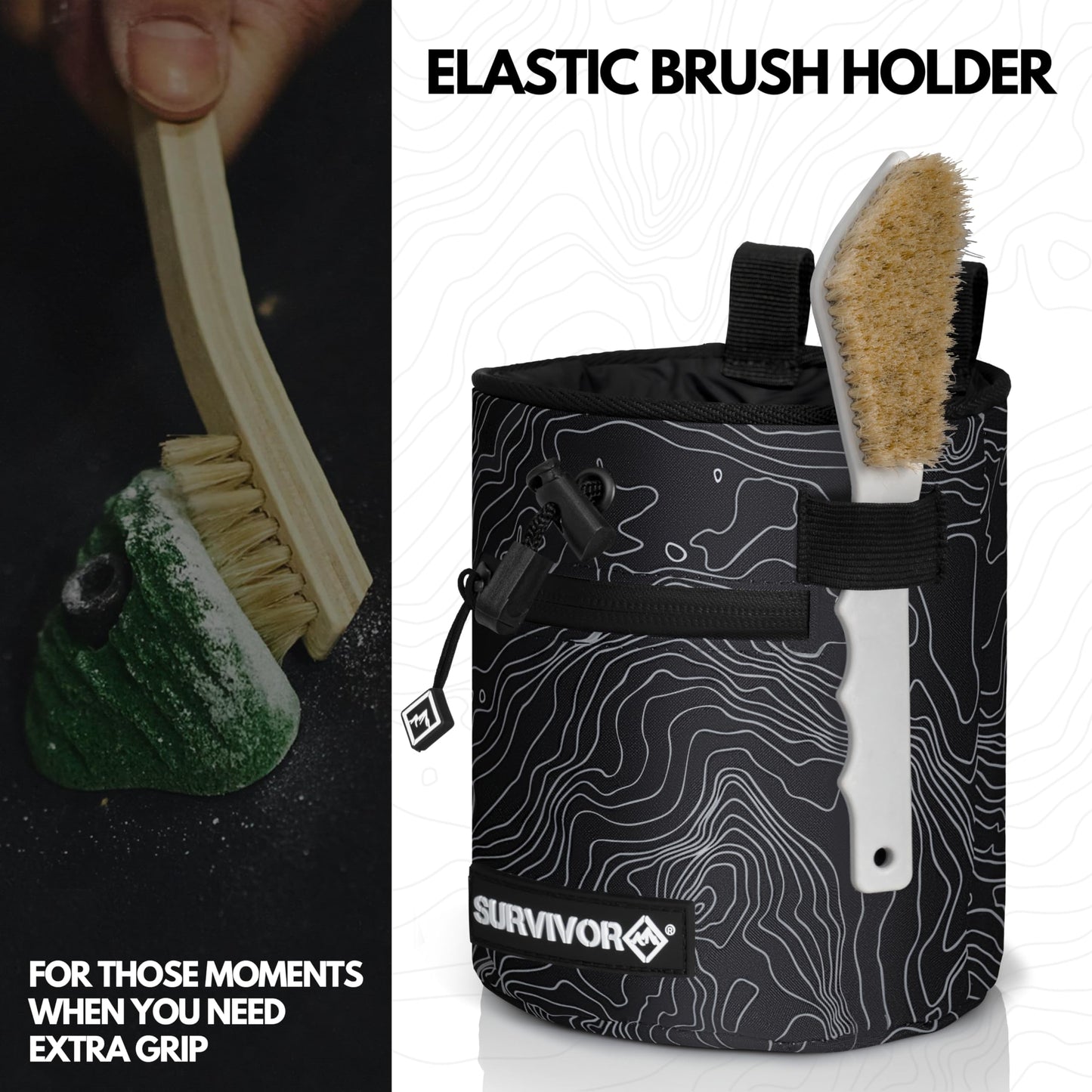 SURVIVOR Chalk Bag - Rock Climbing Chalk Bag for Rock Climbing, Bouldering, Weight Lifting, & More - Draw String Closure, 2 Zippered Pockets & Brush Holder - Gym Chalk Holder & Rock Climbing Bag