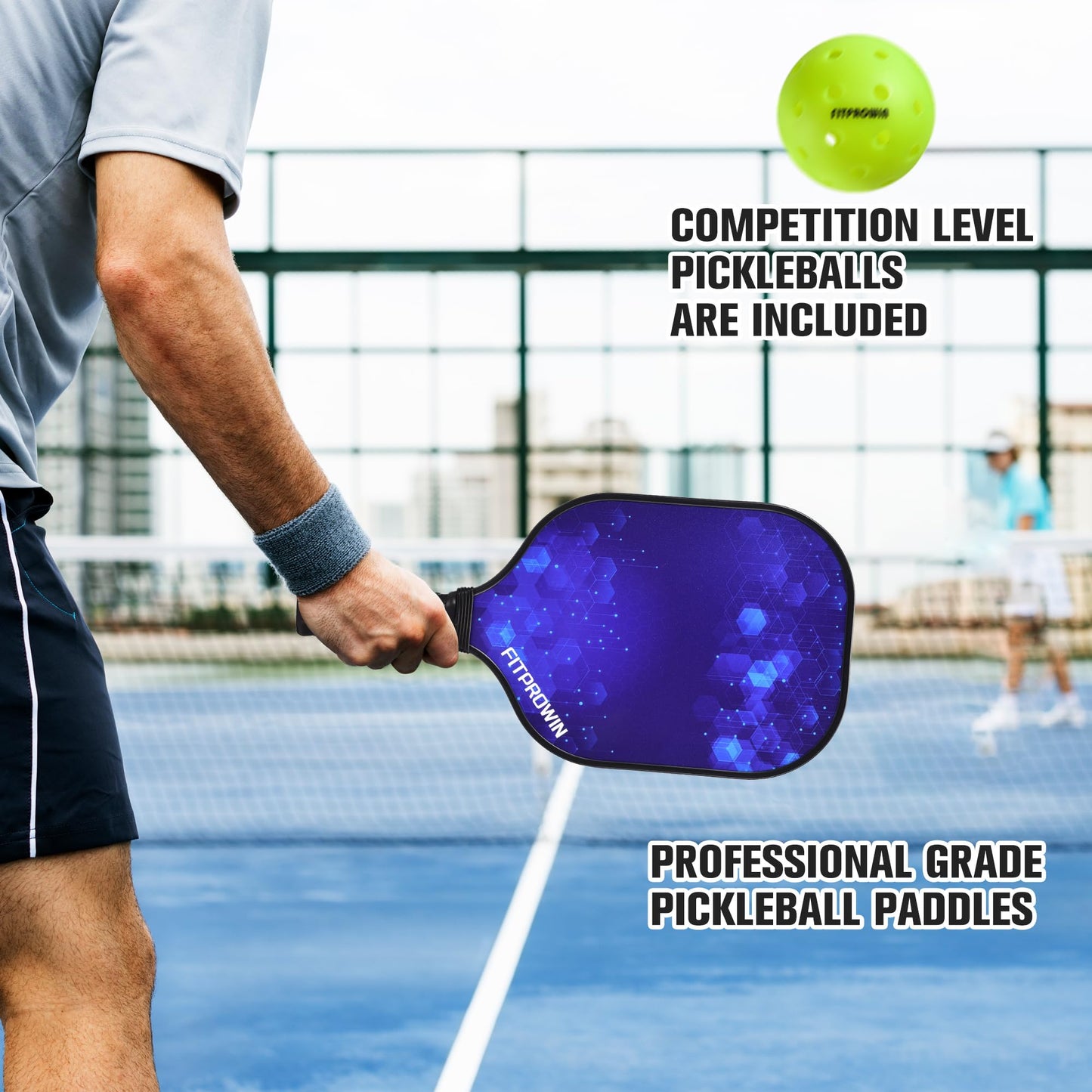 FITPROWIN Pickleball Paddles Set of 2 Fiberglass Pickleball Paddles with 16mm Honeycomb Core Lightweight Blue Pickle Ball Paddles for Men Women Beginners，4 Balls, Portable Bag