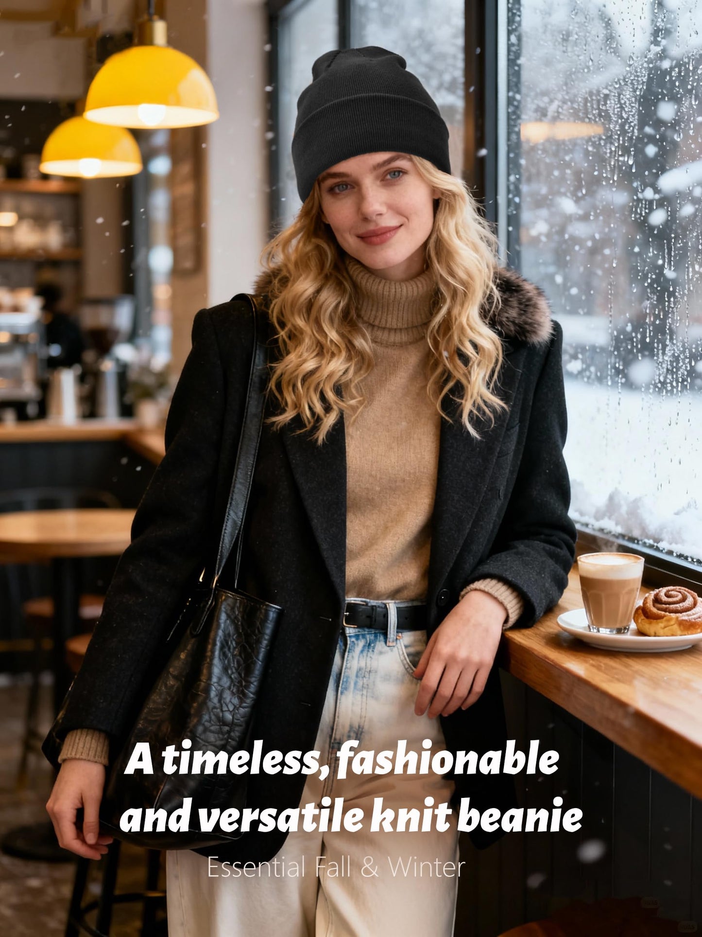 Satin Lined Beanie for Women Men, Cotton Knit Winter Hat Silk Lining Soft Warm Cuffed Fisherman Beanies Hats Skull Cap Black